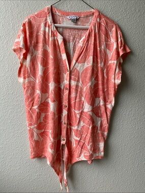 Tommy Bahama Coral and White Leaf-Print Button Front Top